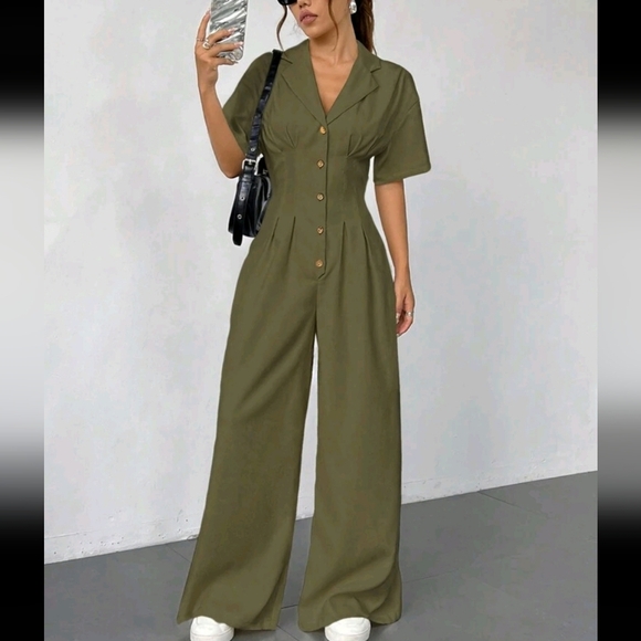 Plain Front Button Closure Short Sleeve Casual Pleated Jumpsuit - Picture 1 of 4